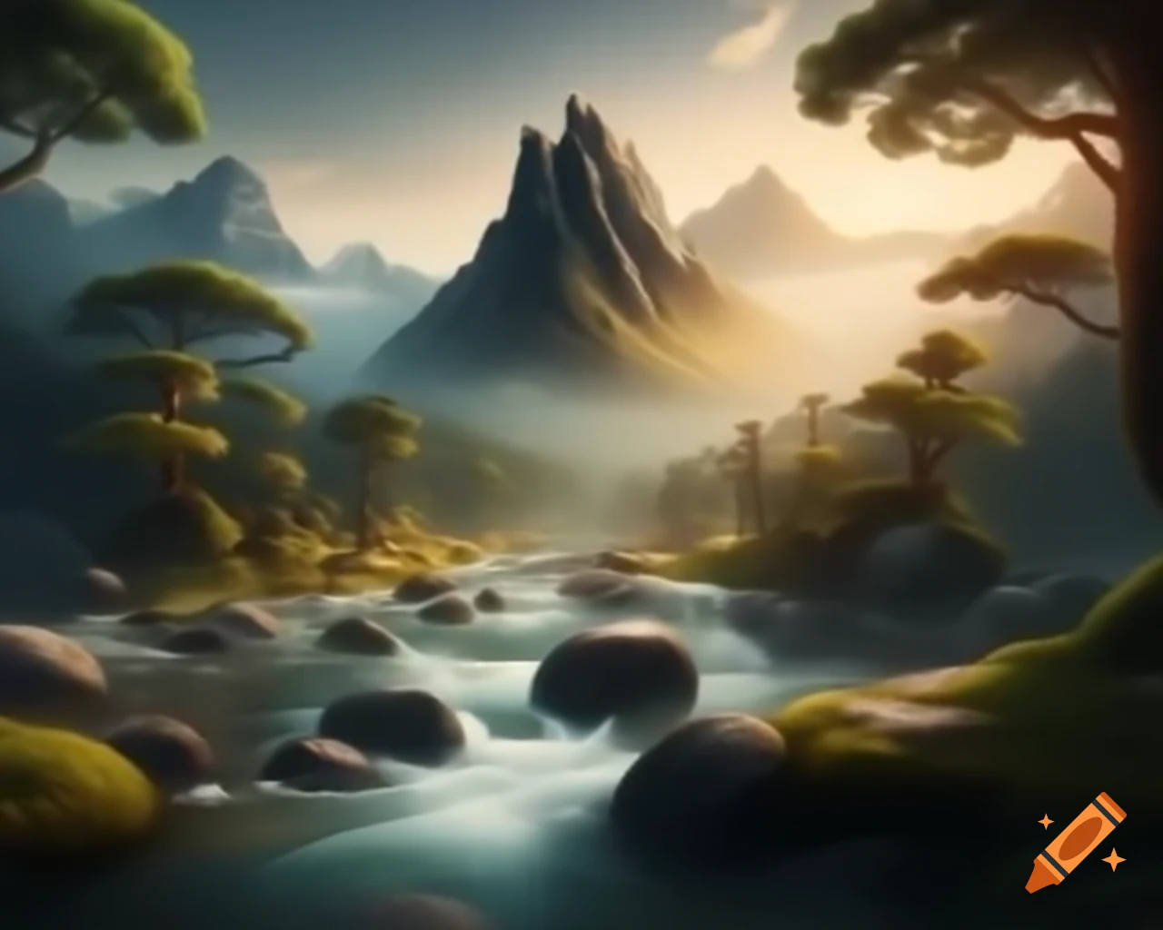 Majestic mountain range above winding river with grand trees