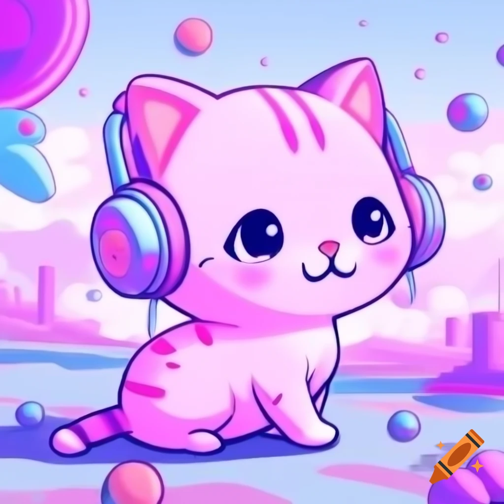 Cute girly kitten in pink and purple scenery, anime cartoon style