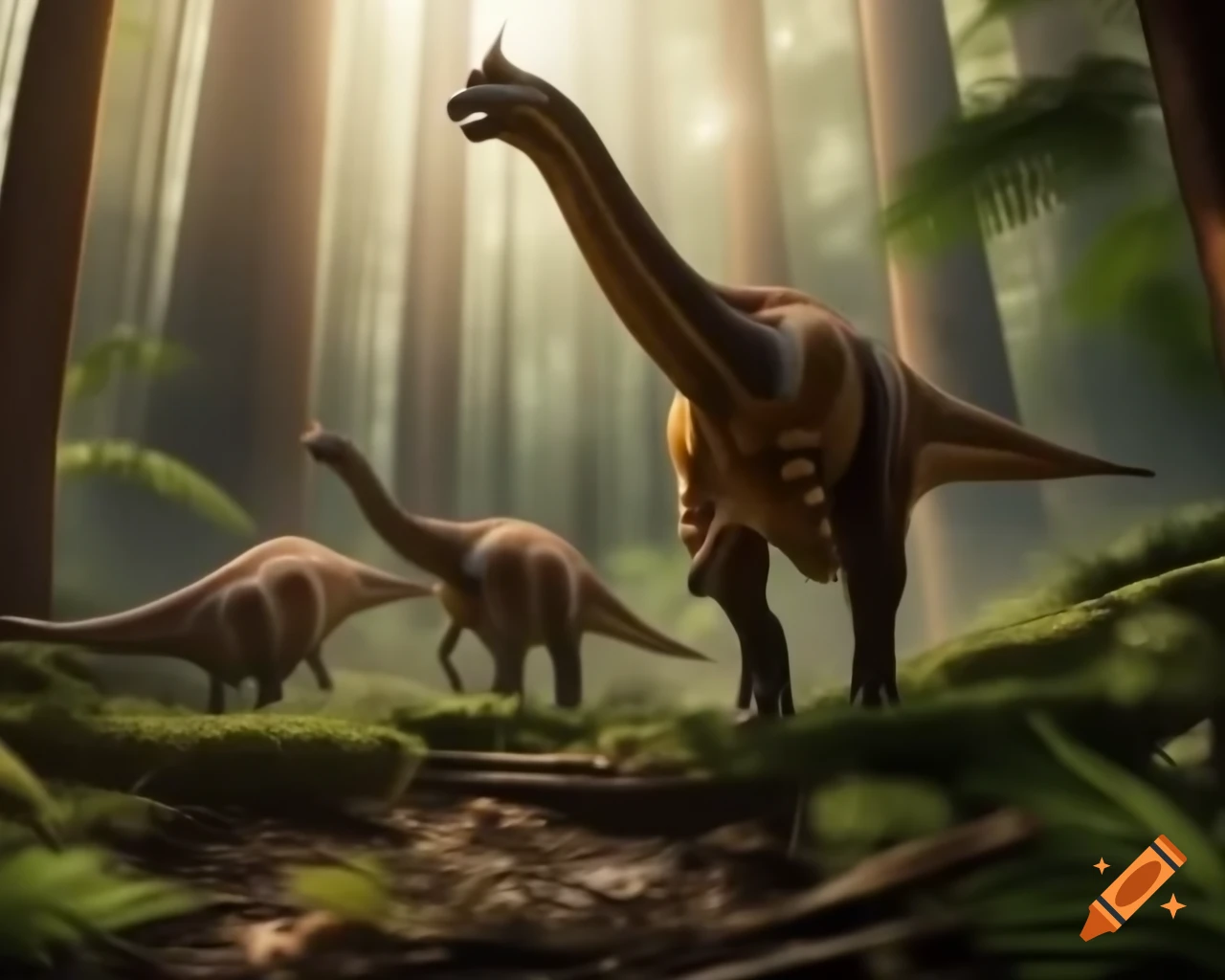 Hadrosaurus crossing ravine in redwood forest with fern undergrowth