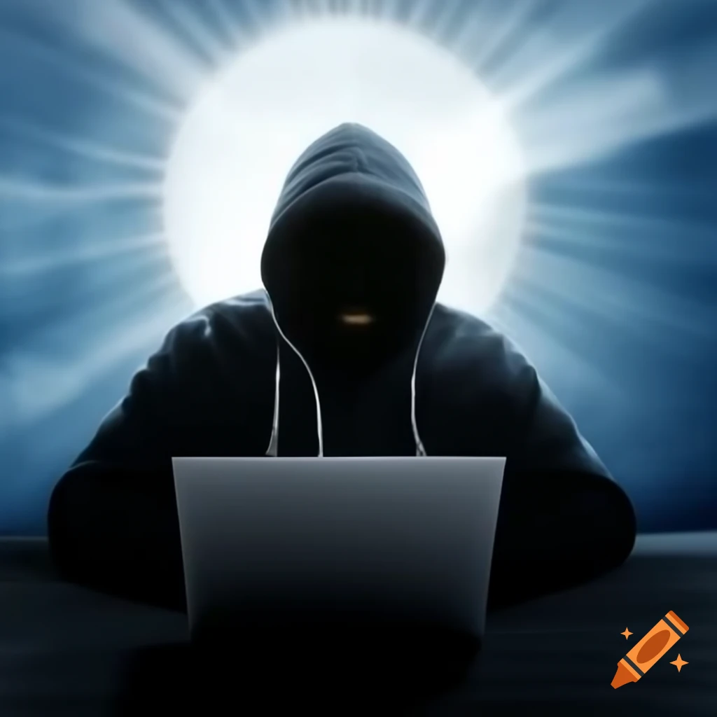 Man in hood using laptop outdoors under bright sun