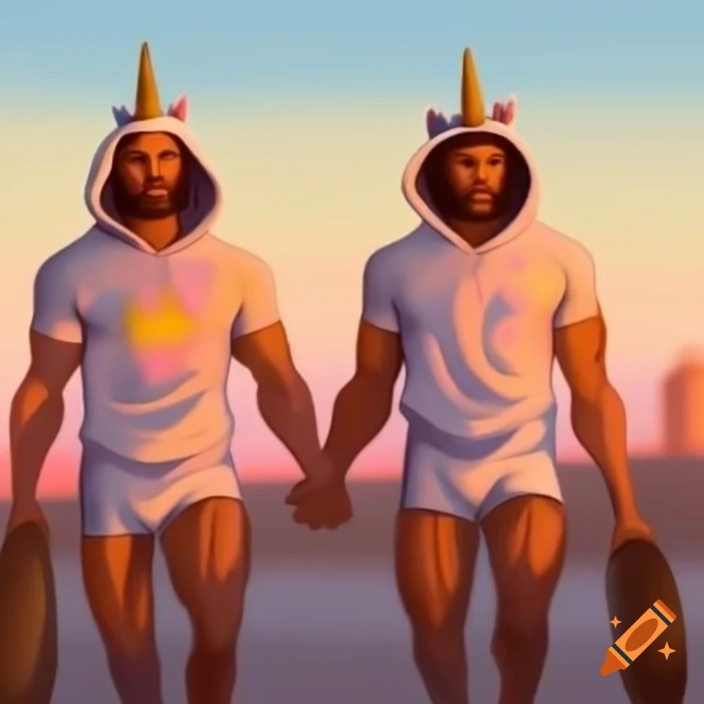 Two muscular men in unicorn onesies skipping towards sunset, realistic painting