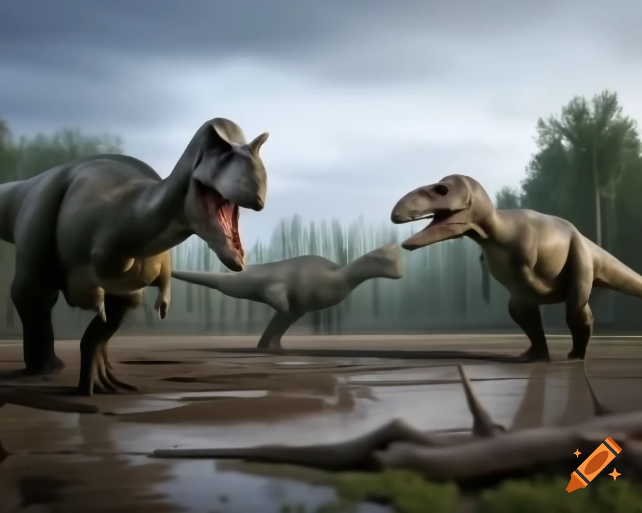 Hadrosaurus dinosaurs in mudflat with driftwood at morning
