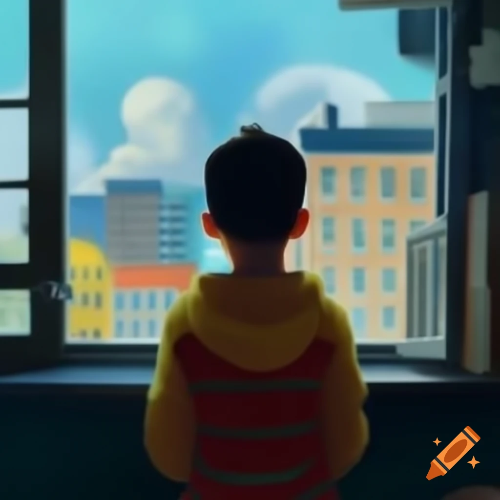 Boy contemplating building purchase with thoughtful expression