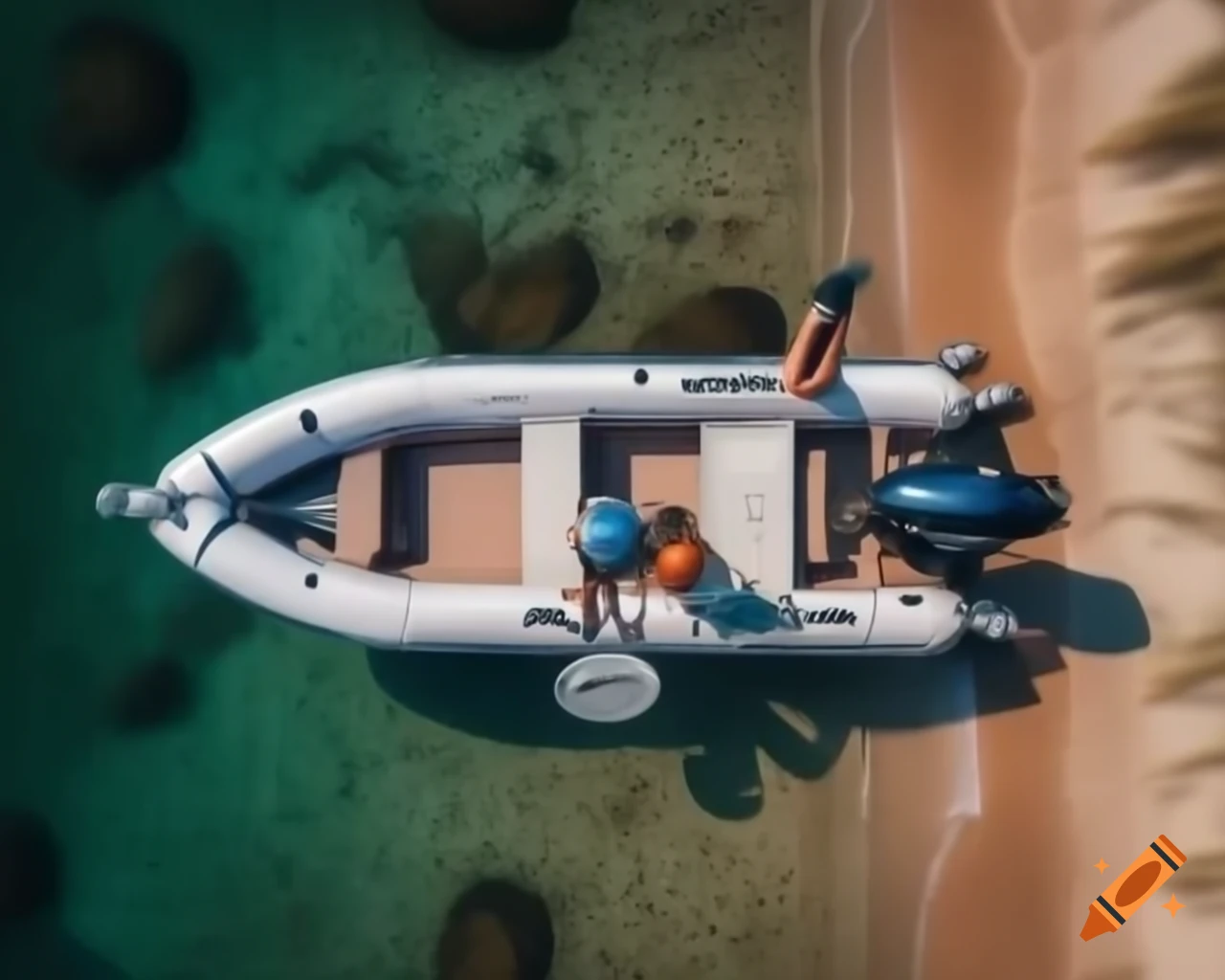 Overhead view of inflatable dinghy on sandy beach, moored with grasses nearby
