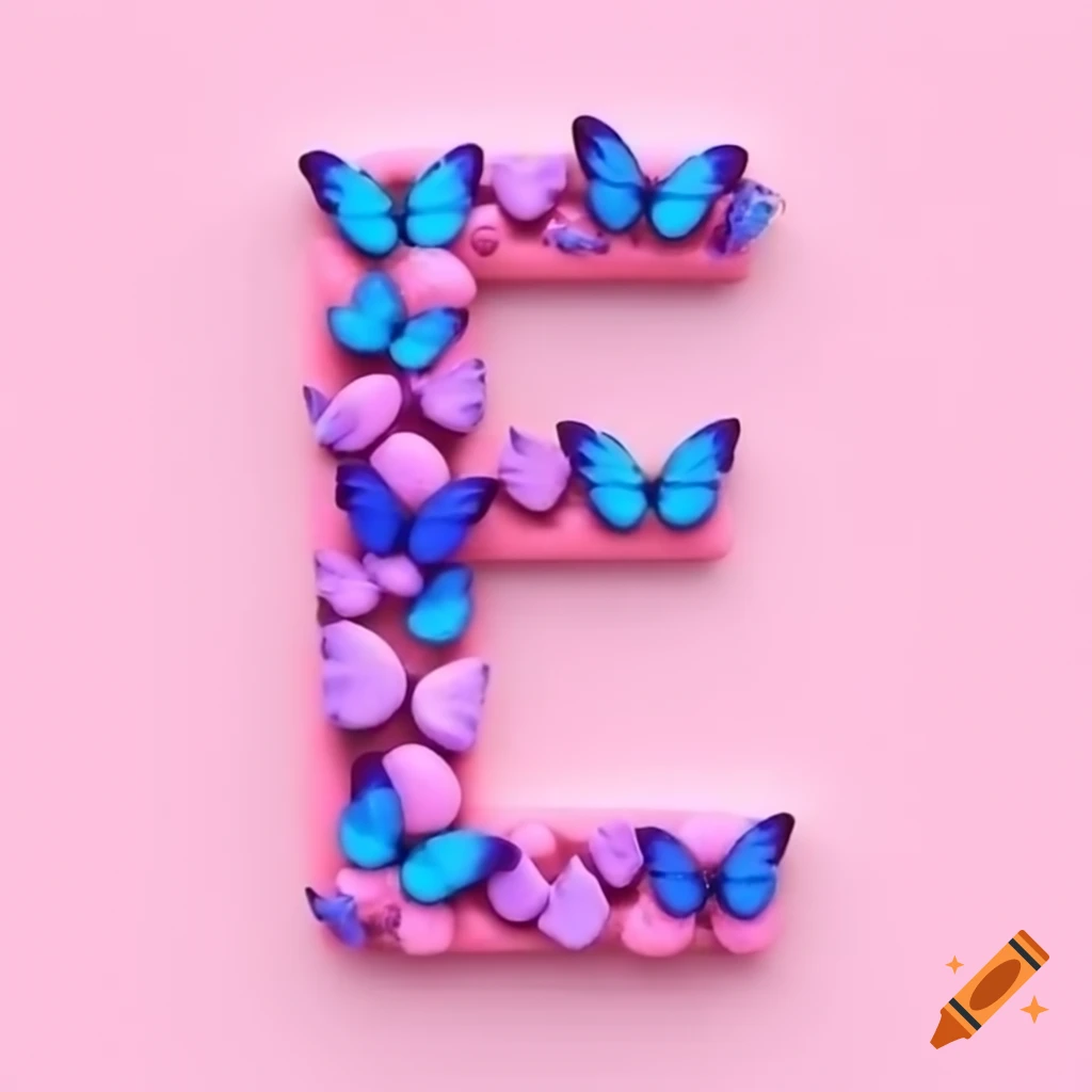 Pink letter E filled with colorful blue and purple butterflies