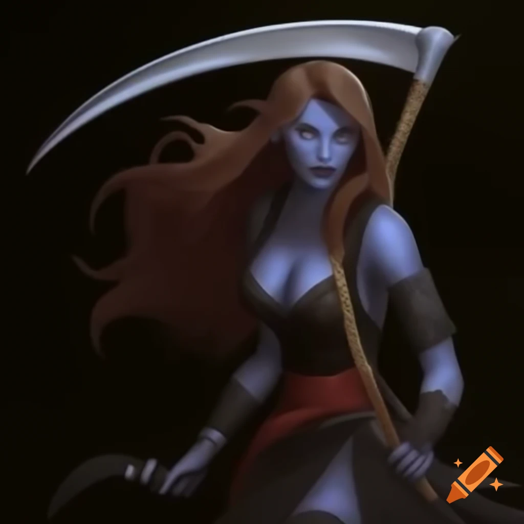 Robe-clad woman holding a scythe