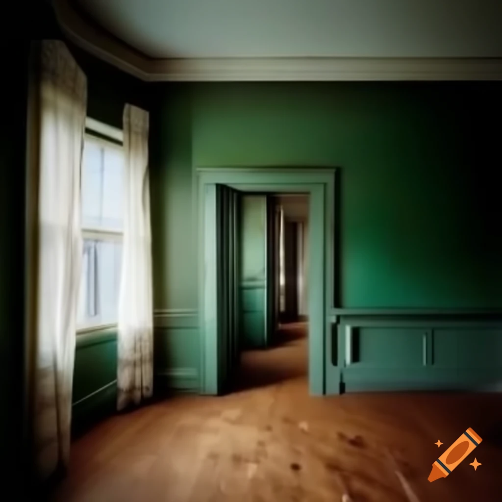 Antique room from 1890 with parquet floor and faded green wallpaper
