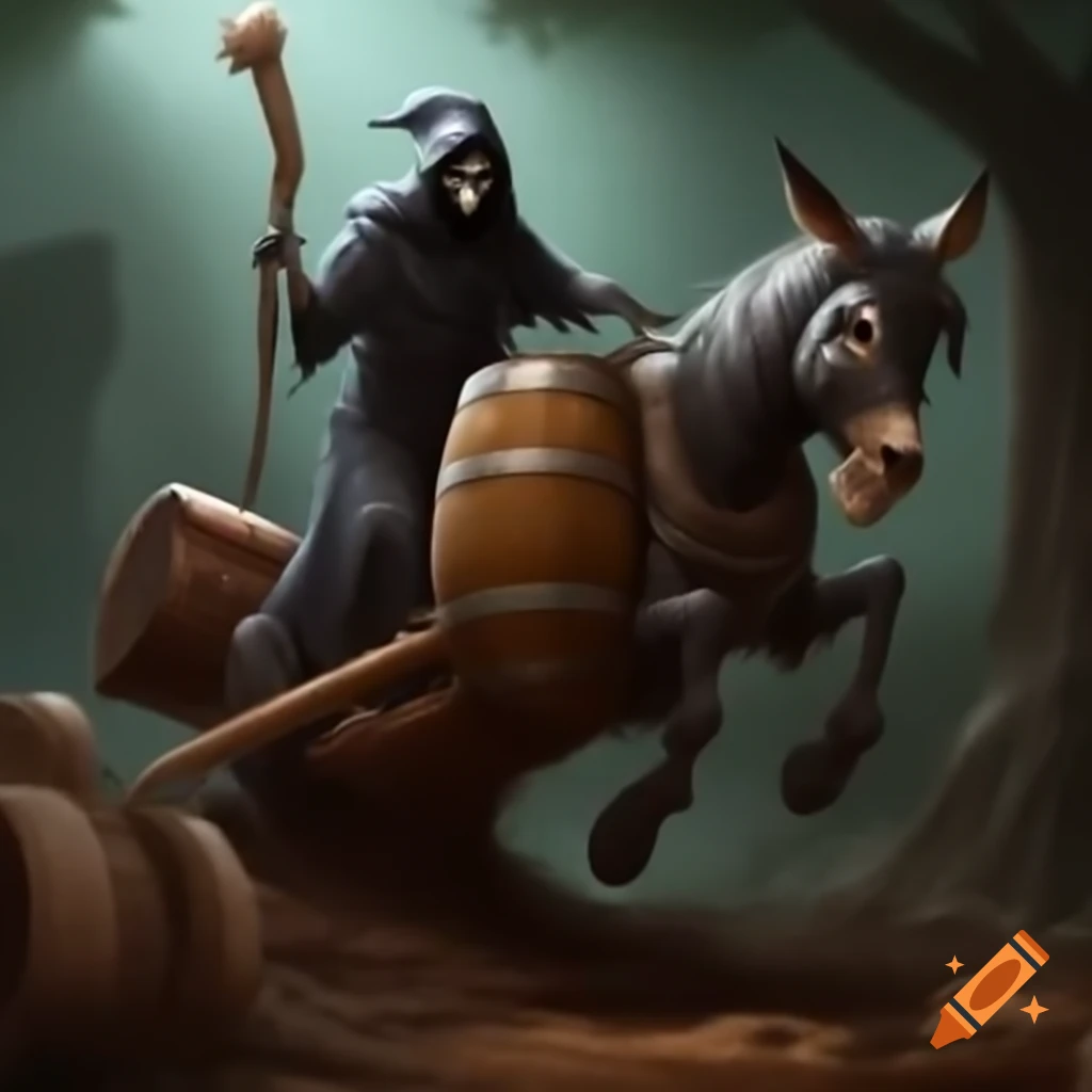 Grim reaper on mule pulling oak barrel anchored by roots