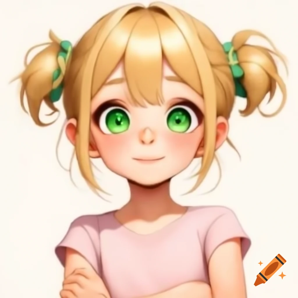Anime girl with blonde hair and green eyes, wearing light pink t-shirt with arms crossed