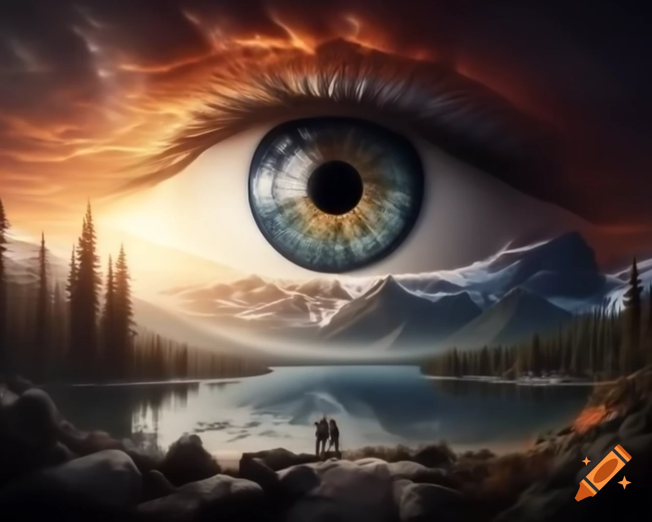 Surreal mountain range with giant eye above valley of ripened tomatoes