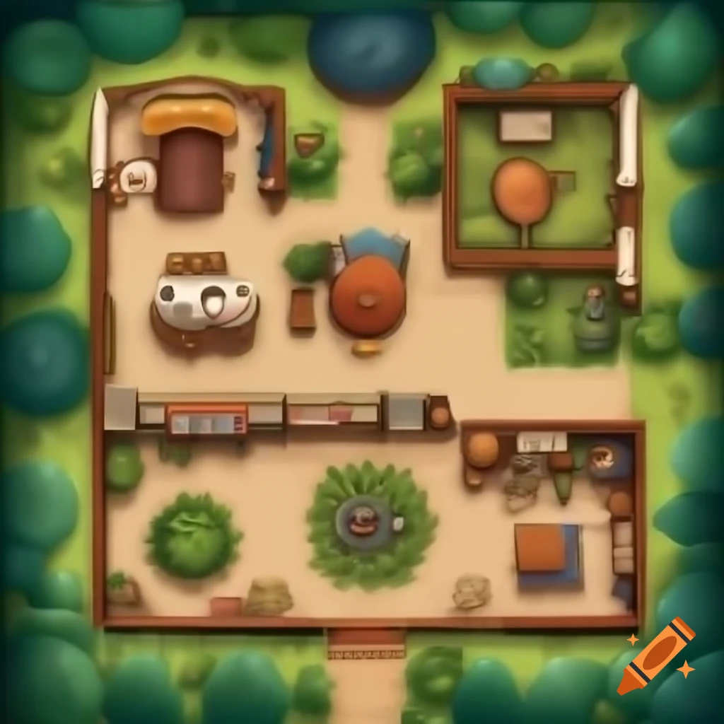 Aerial floor plan of a nature retreat featuring book club space, cottages, and meditation area