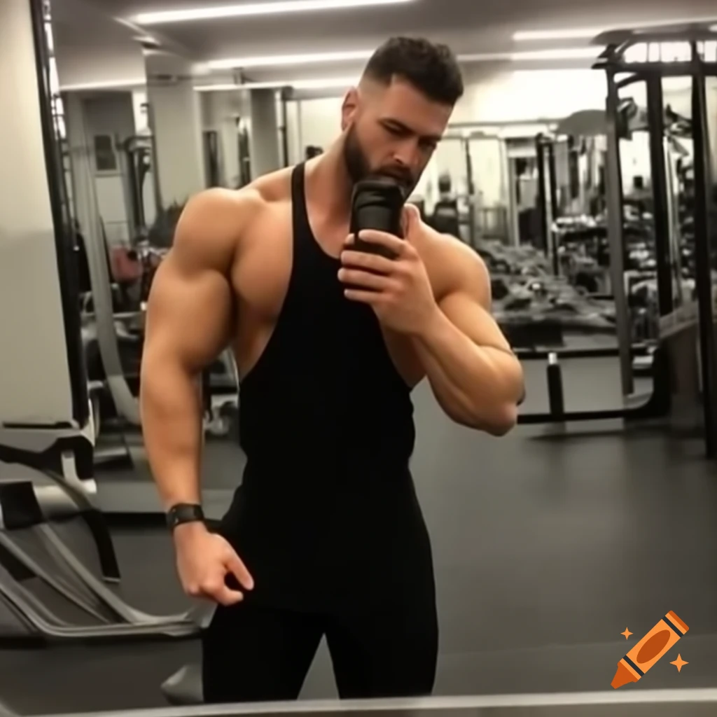 Muscular man taking selfie in gym mirror