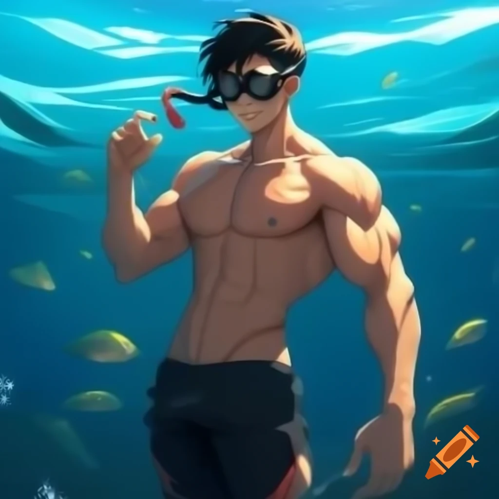 Anime man underwater in snorkeling goggles holding breath
