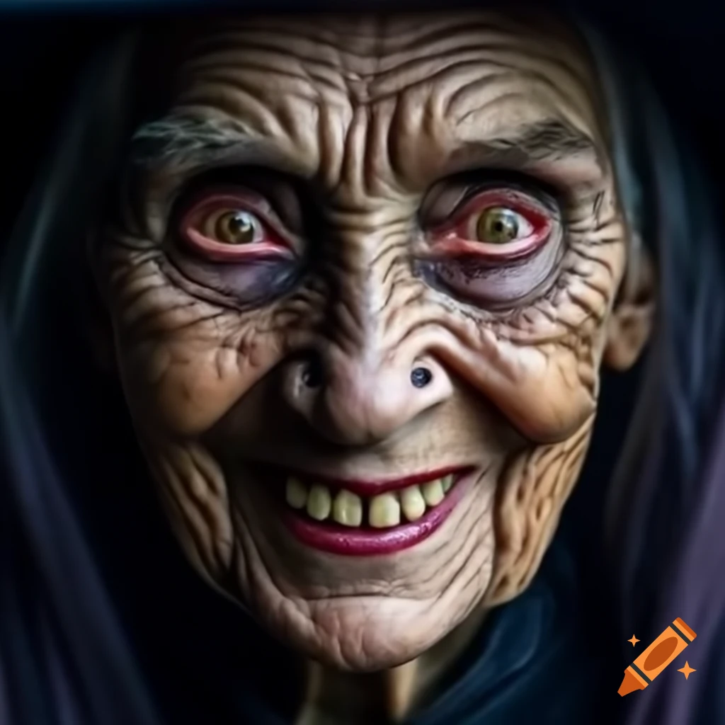 Portrait of an elderly woman with a malevolent expression and piercing eyes
