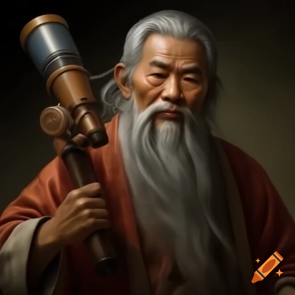 Renaissance portrait of elderly Asian man holding a telescope