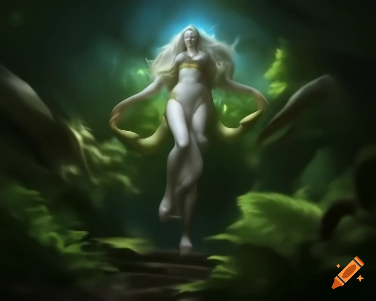 Powerful goddess of the wild in lush forest during ancient legends