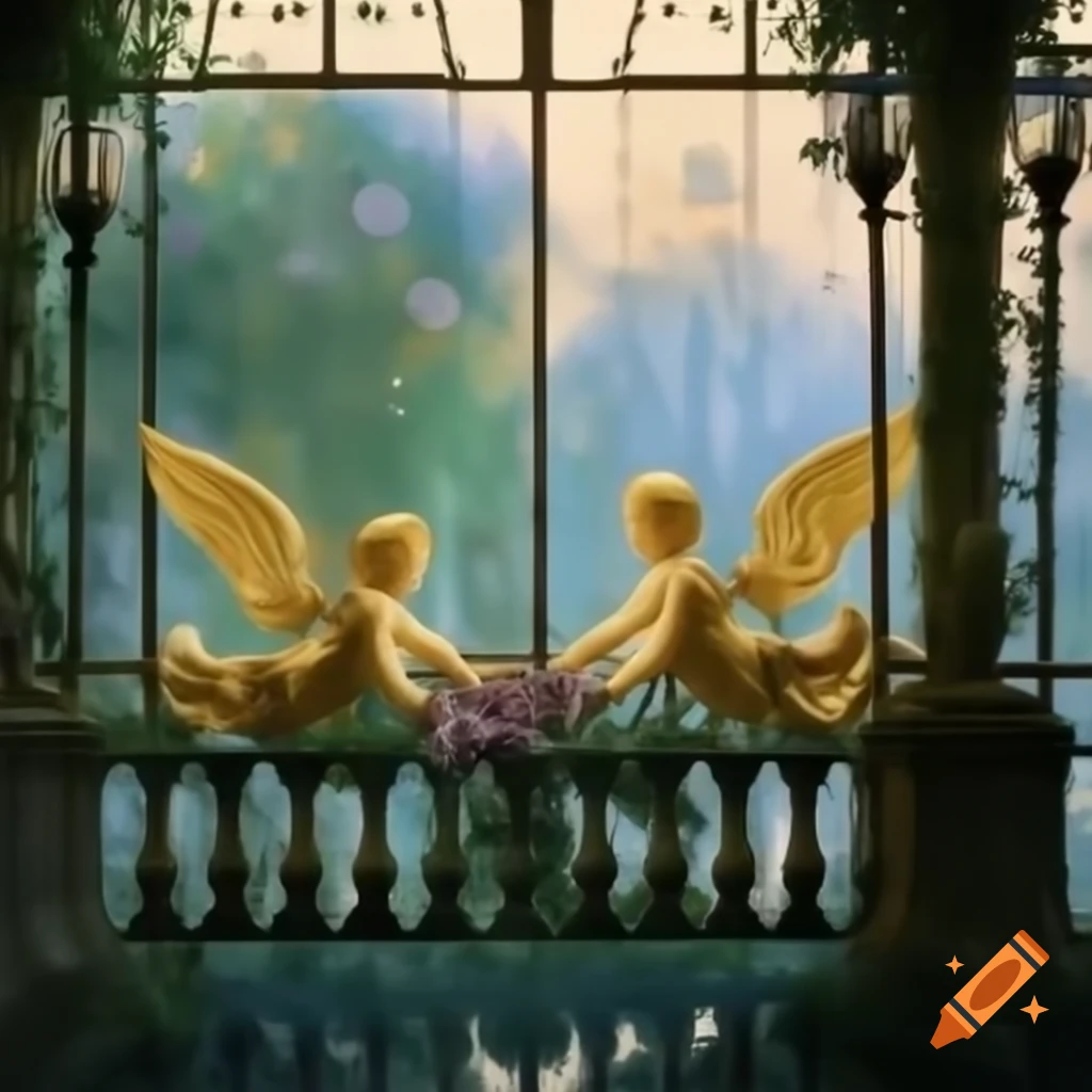 Monet-style Victorian garden with gold angel statues, flowers, and pond at dawn