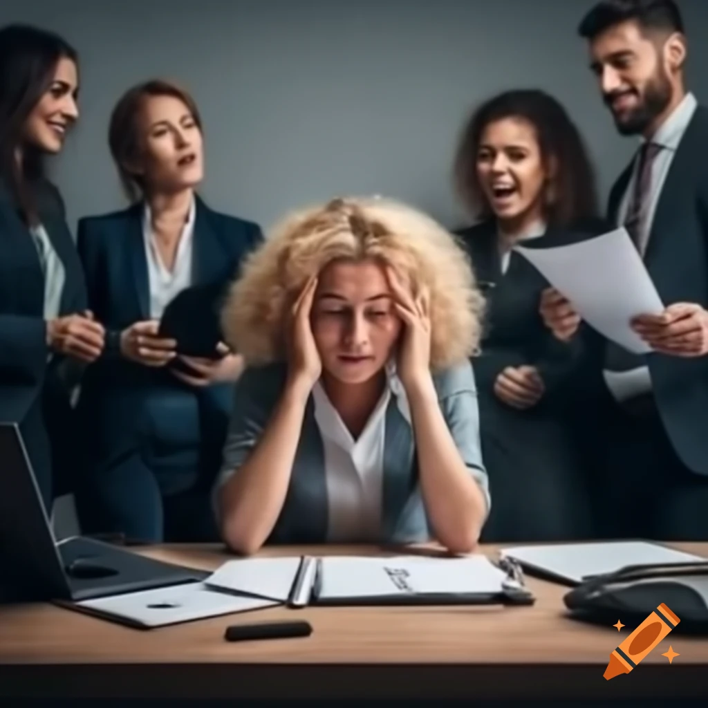 Woman crying at desk while coworkers laugh