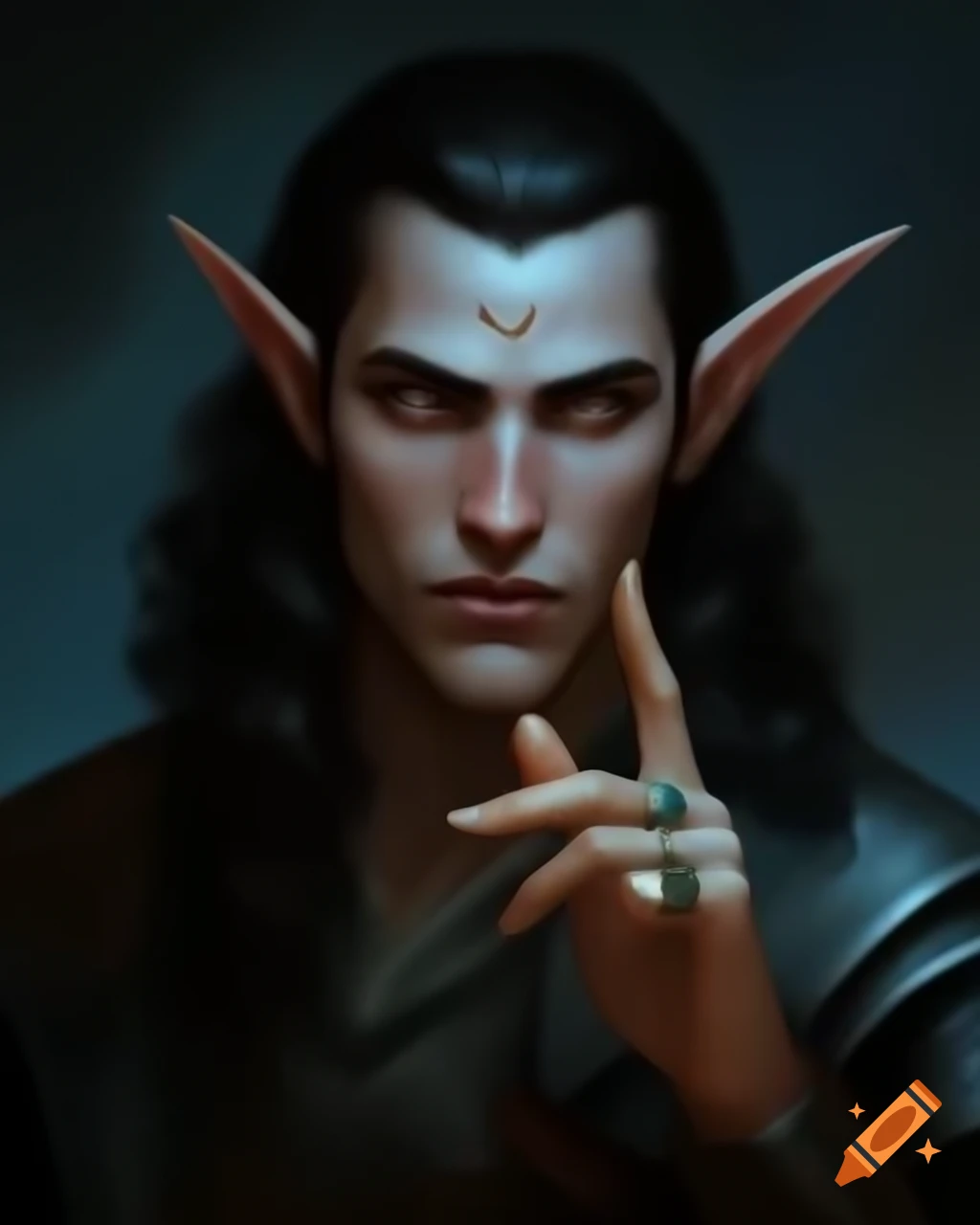 Half-body portrait of white male half-elf Dungeons & Dragons character with curly black hair and pointy ears