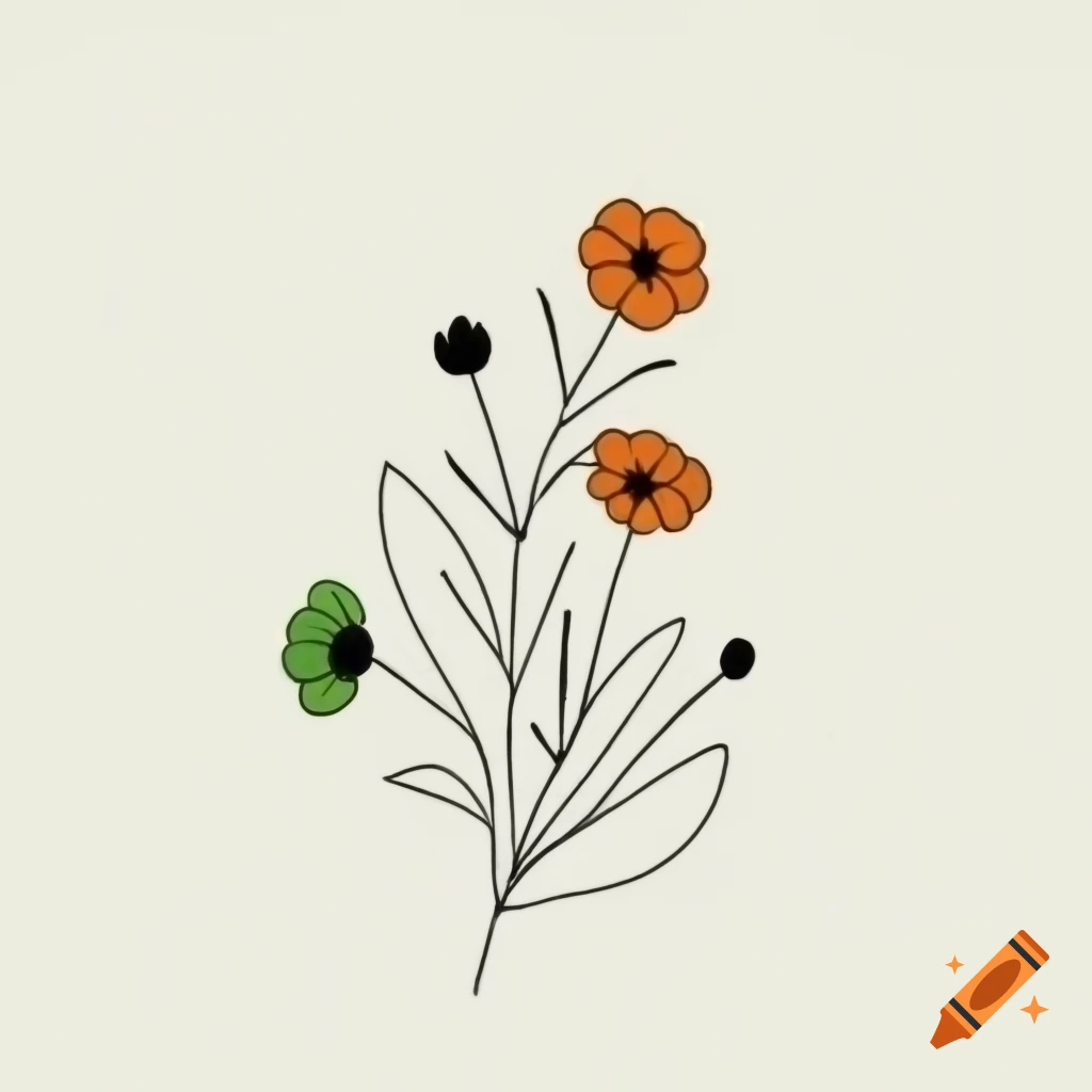 Minimalist black line drawing of cosmos flowers and leaves in orange and green
