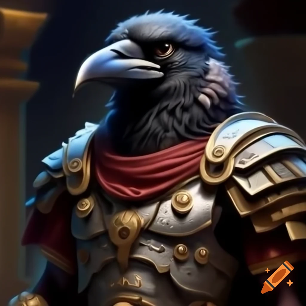 Anthropomorphic crow dressed as Roman general