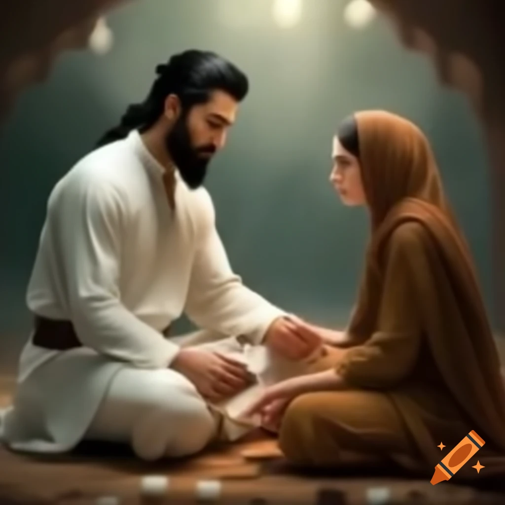 Mystical scene with young man in traditional attire sitting with a woman