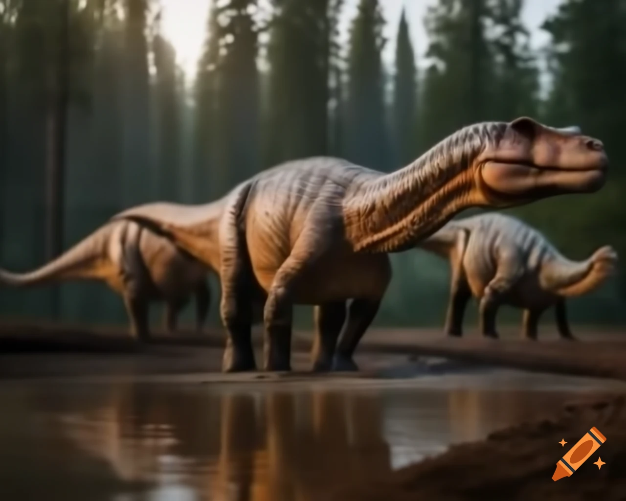Hadrosaurus dinosaurs roaming by lake in British Columbia morning light
