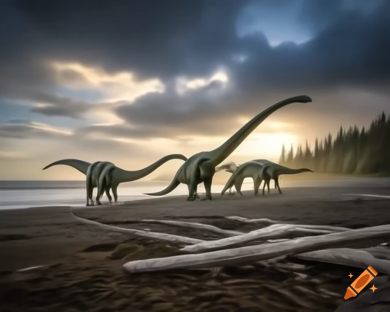 Diplodocus walking along puddly coast with driftwood at golden hour