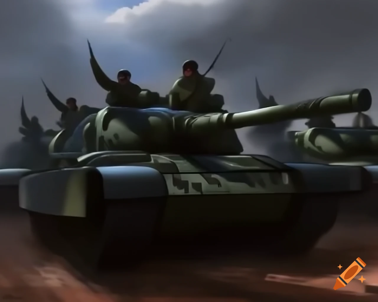 Soldiers marching behind military tanks