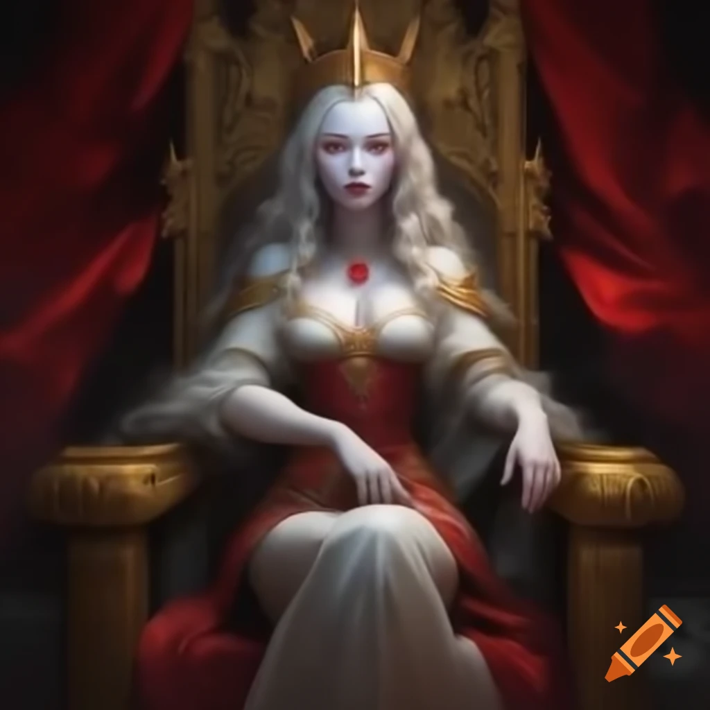 Empress with blond hair and blue eyes in imperial dress on golden throne