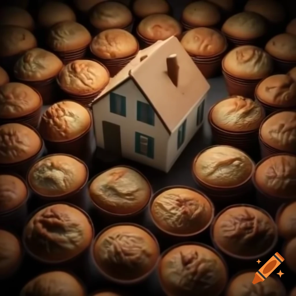 House in Europe covered with muffins in photorealistic style