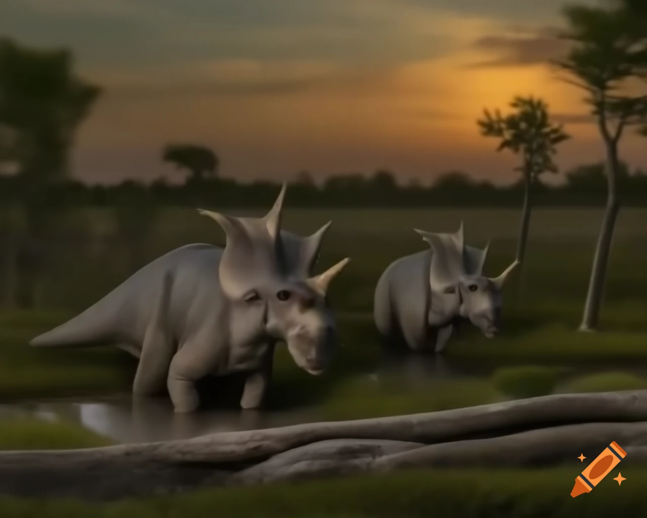 Styracosaurus in cinnamon and grey stripes walking through puddly marshland at golden hour