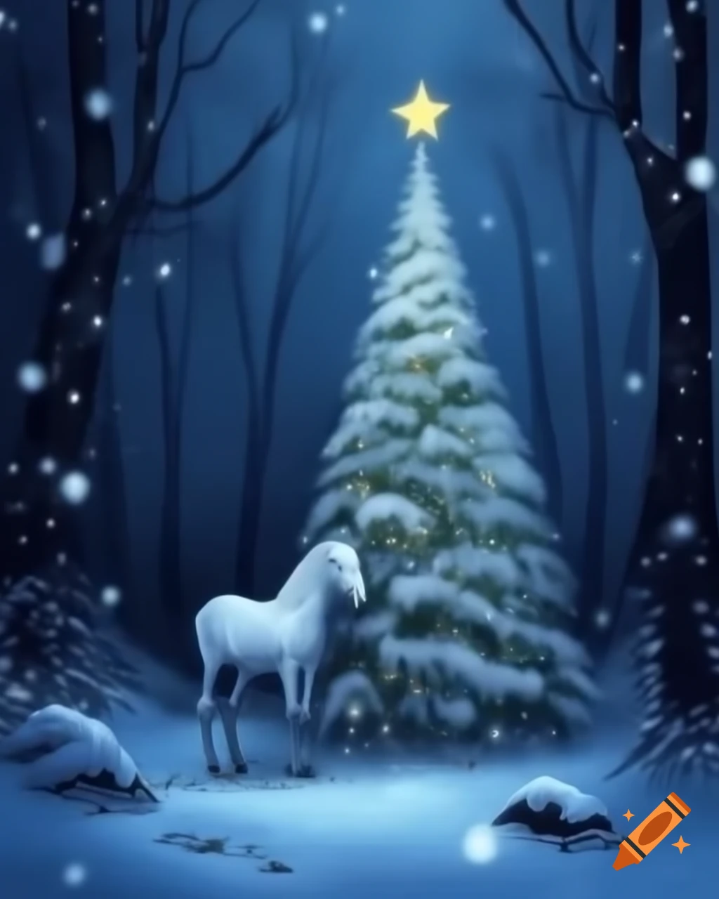 Enchanting Christmas tree in snowy forest with mountains at night and foal