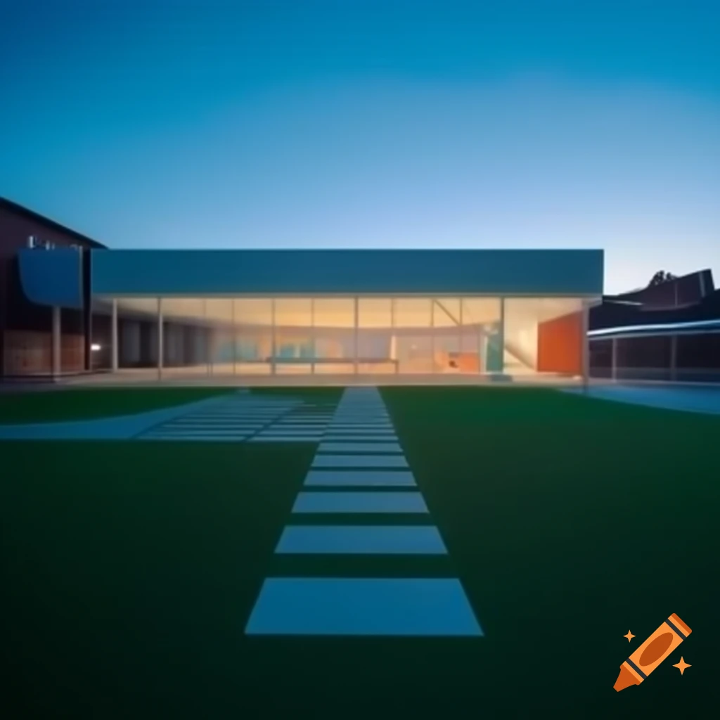 Modern school playground at sunset with surreal ambiance