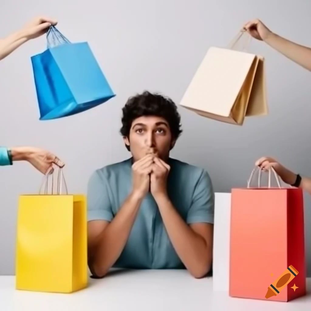 Person surrounded by shopping bags with doubtful expression in simple setting