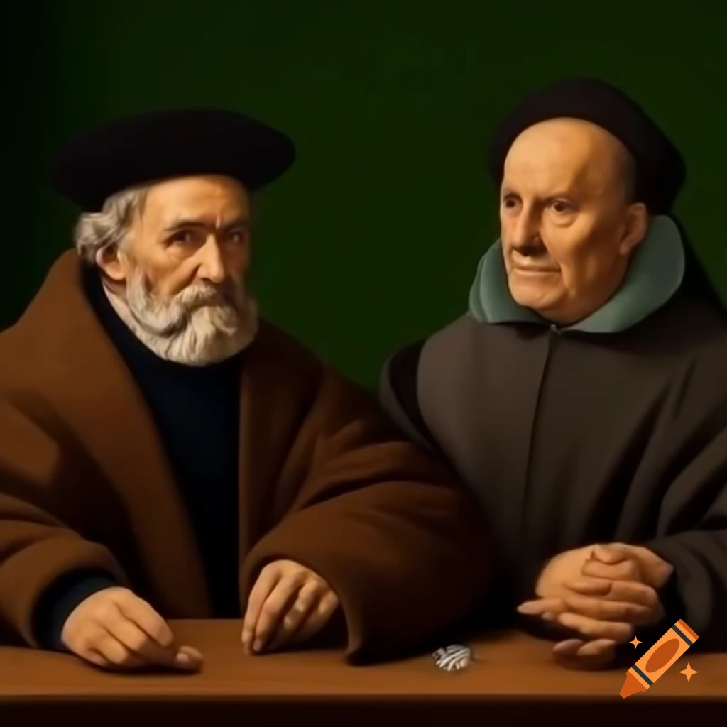Renaissance portrait of two elderly men at a table