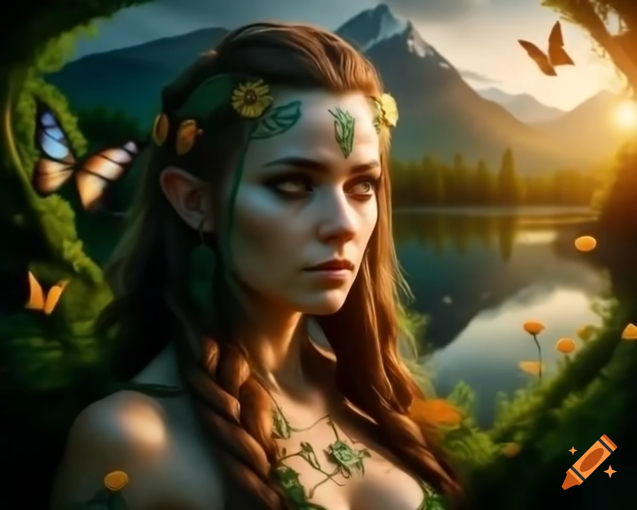 Hyperrealistic portrayal of a mystical Norse Celtic woman with flowers and butterflies in her hair