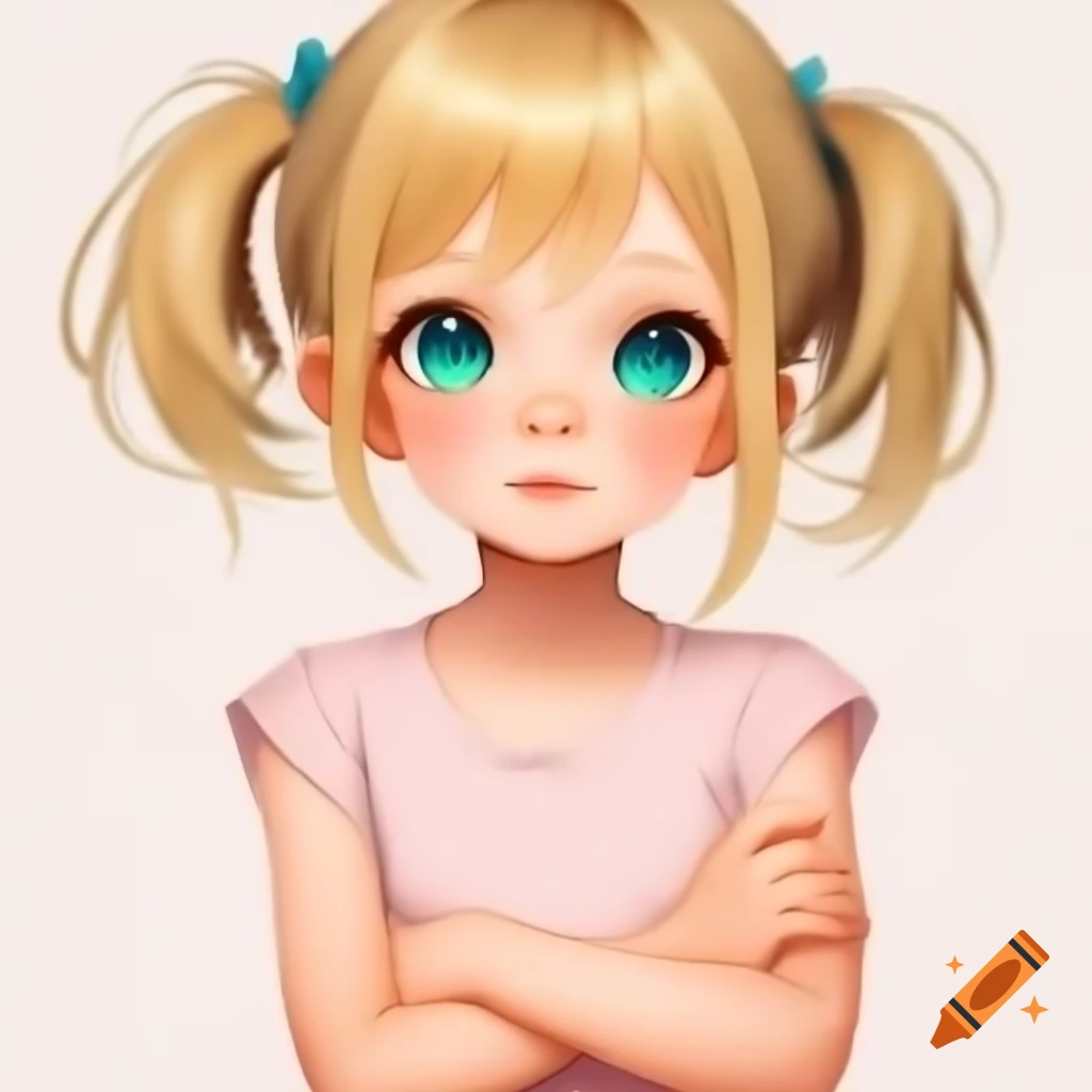 Anime girl with blonde hair and blue-green eyes, wearing a pink sleeveless t-shirt, arms crossed