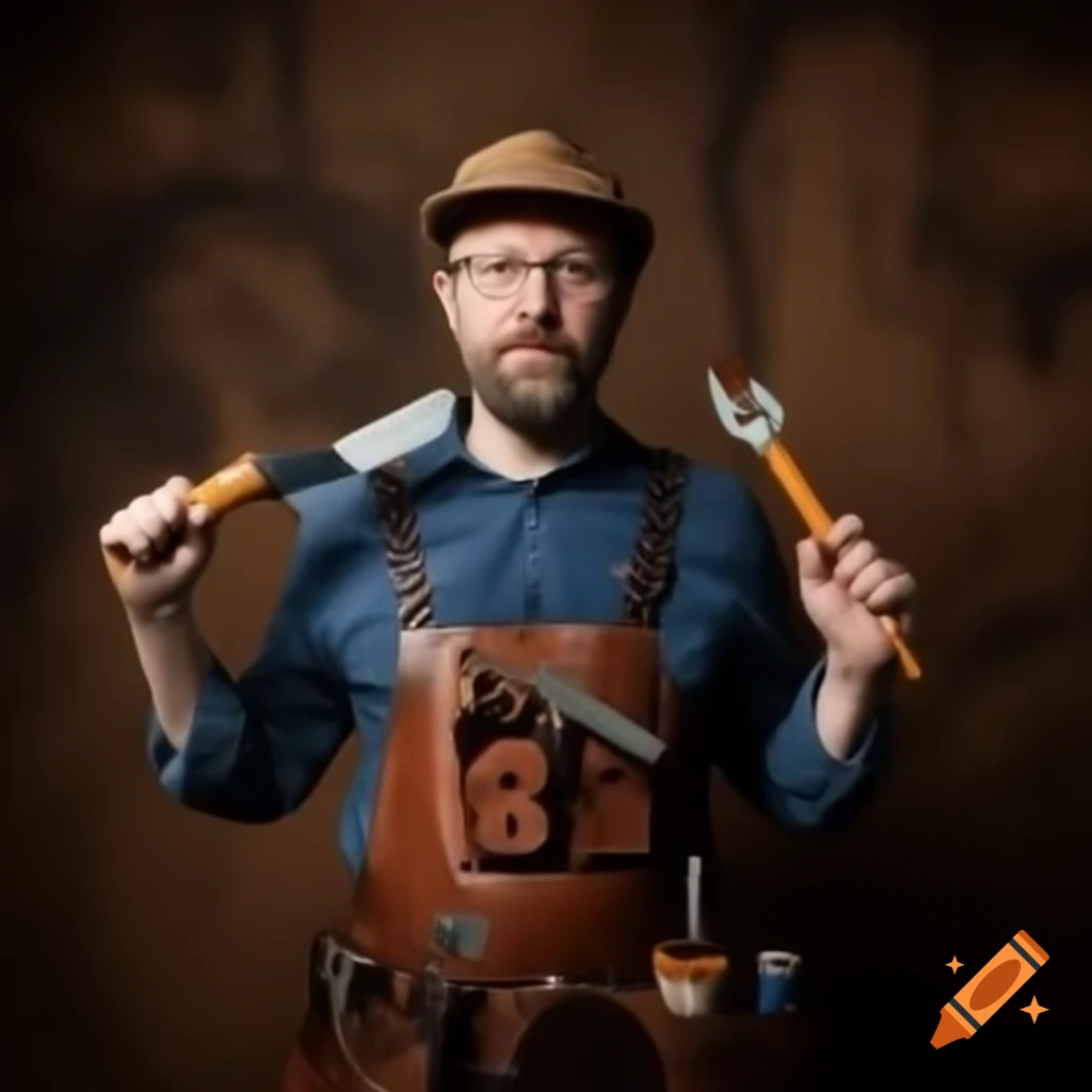 Leather artist showcasing tools, front angle view