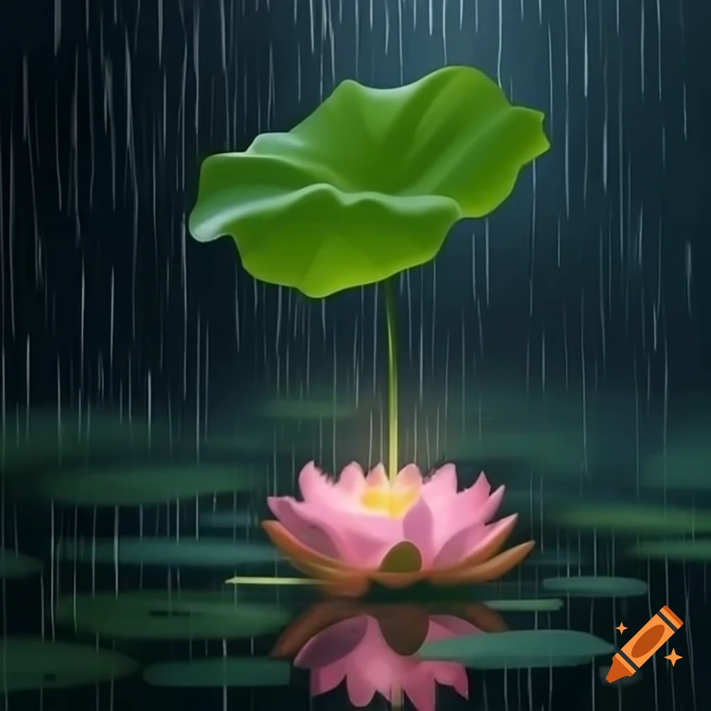 Lotus leaf protecting pink lotus flower in heavy rain
