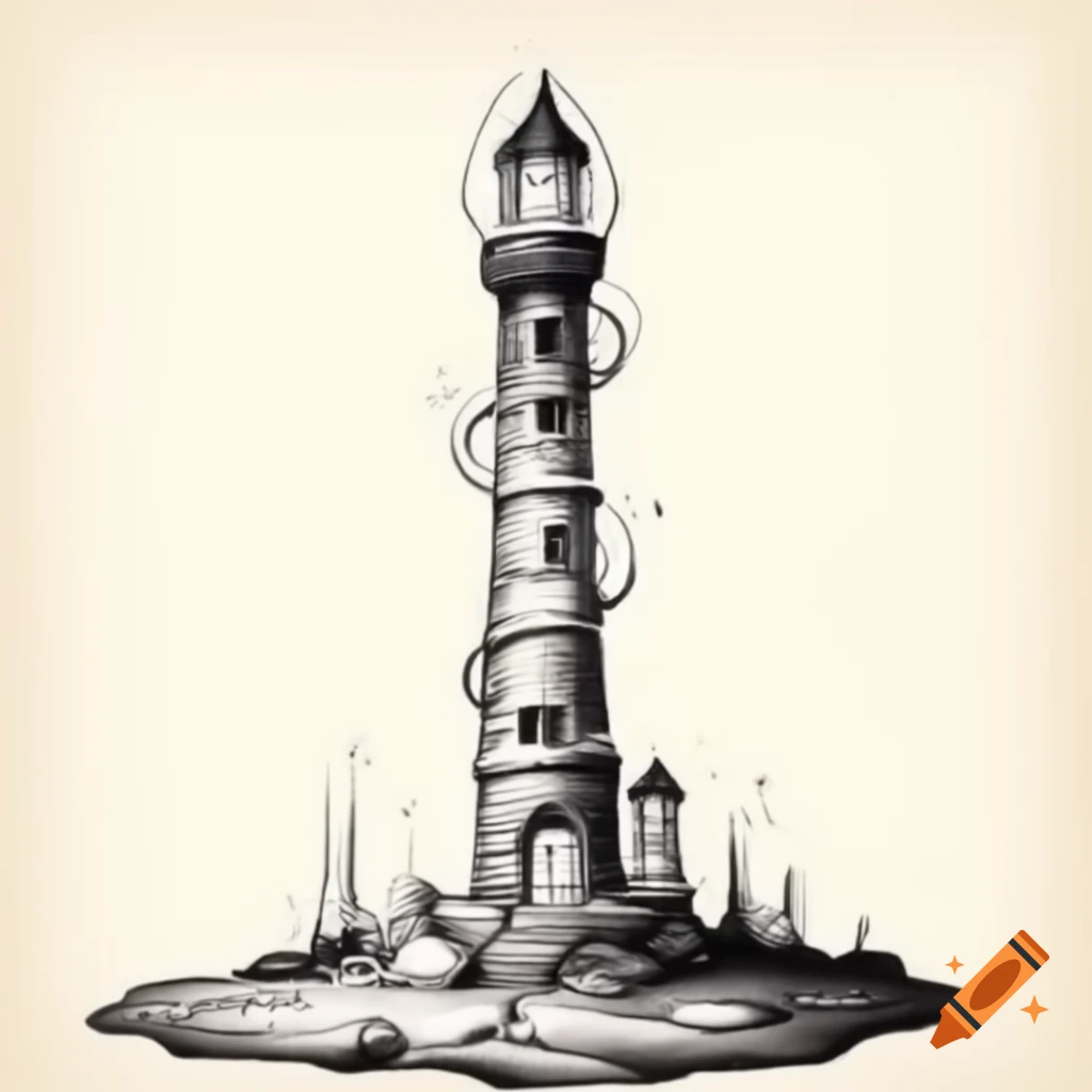 Fantasy stone lighthouse surrounded by magical circles
