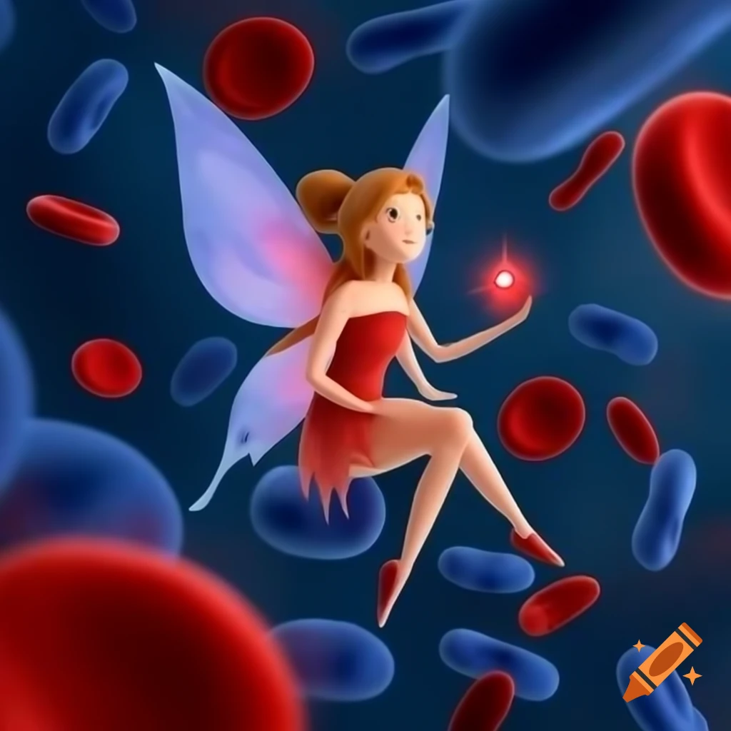 Fairy surrounded by platelet blood cells, highlighting a whimsical biological theme