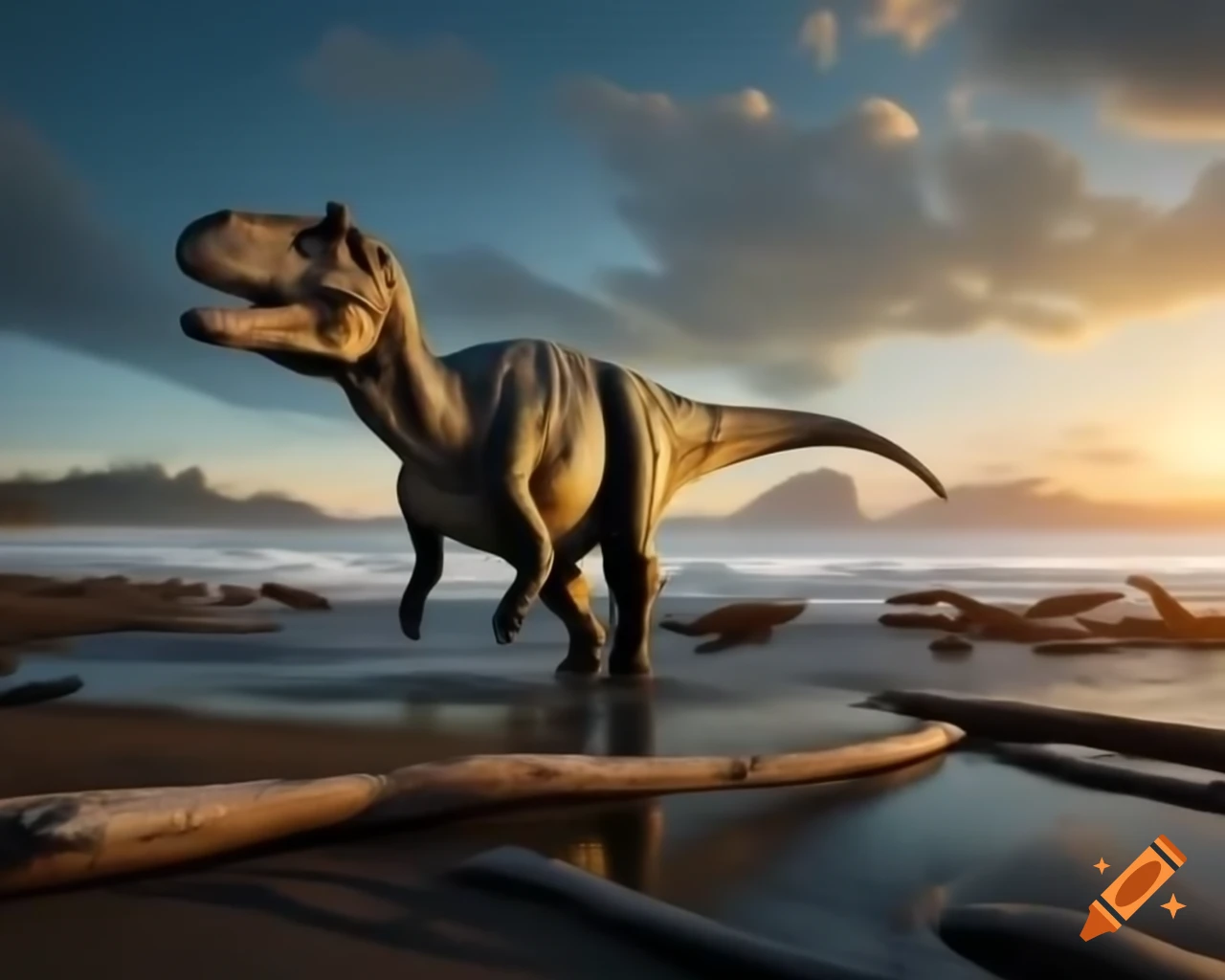 Hadrosaurus dinosaur walking along British Columbia coast at golden hour