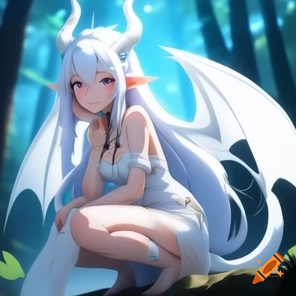 Anime dragon woman with white hair and wings in fantasy forest