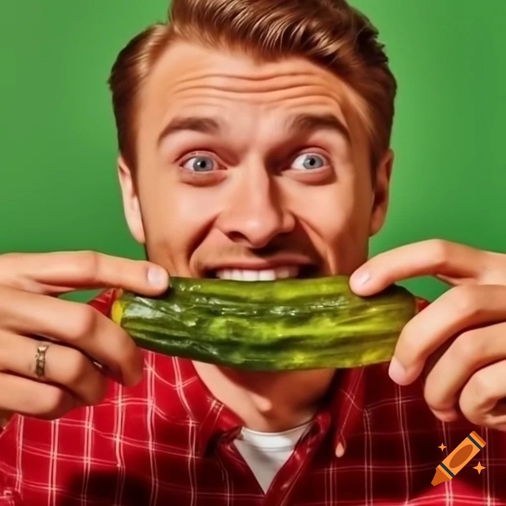 Man named Joe joyfully holding a dill pickle