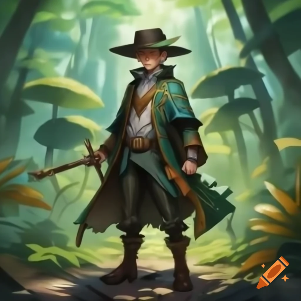 Botanic magic outfit concept art featuring a male character in anime style