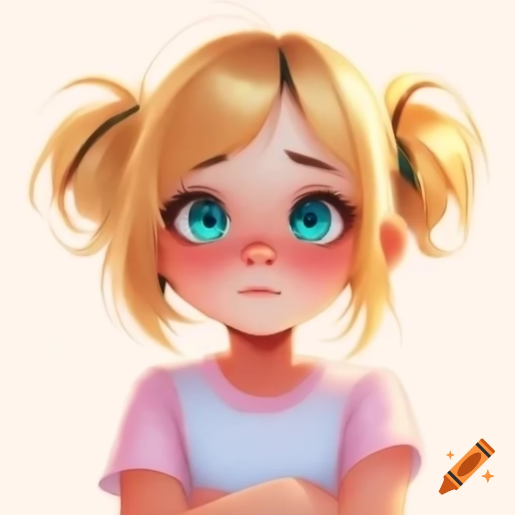 Anime girl with blonde hair and blue-green eyes wearing a pink sleeveless shirt
