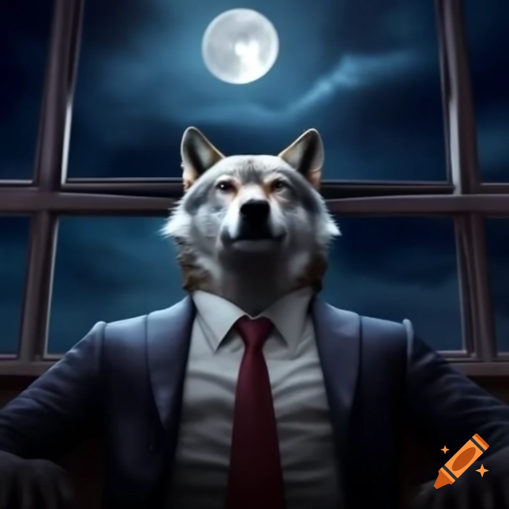 Wolf in business suit looking back at full moon