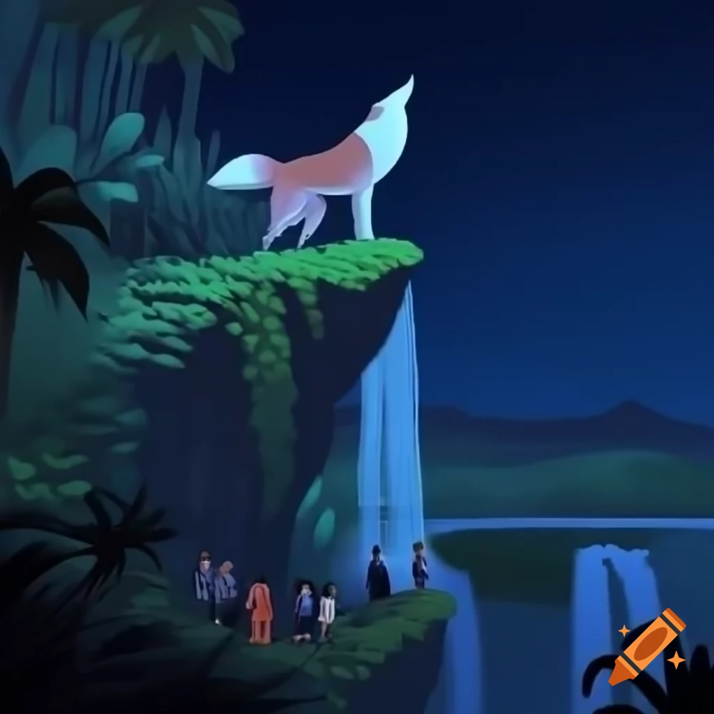 Futuristic animated scene of a wolf in jungle with people observing from cliff