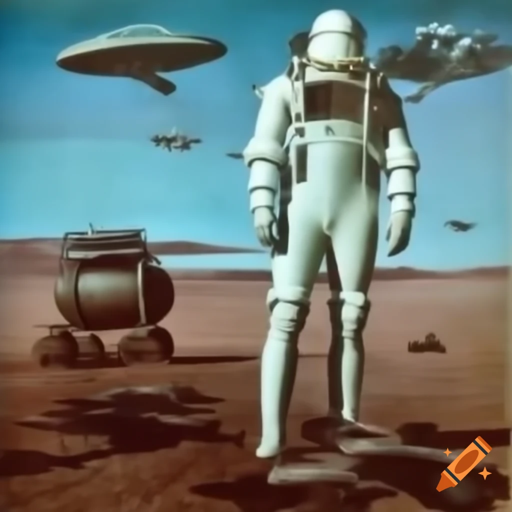 Surreal mezzotint of spacestation and flying car in dystopian landscape